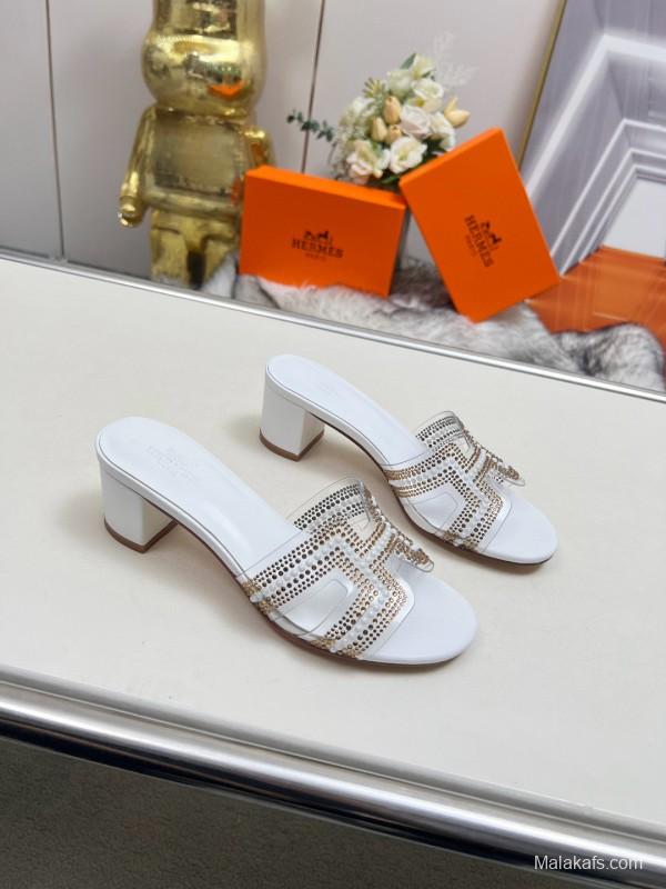 2025 Herme* White Leather Slippers Classic H Pattern MJ00180/215