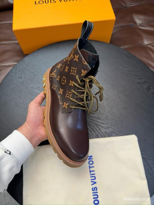 2024 Men Louis Vuitton Brown Leather High Top Boots MJ00440