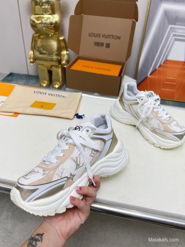 2025 Women Louis Vuitton White Beige Mesh Leather Sneakers LY00340