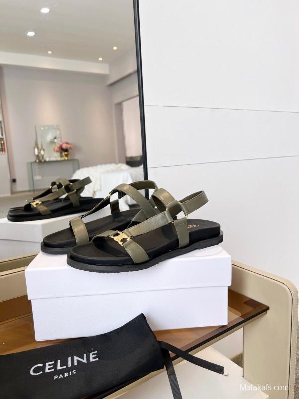 2025 Women Celine Khaki Leather Sandals