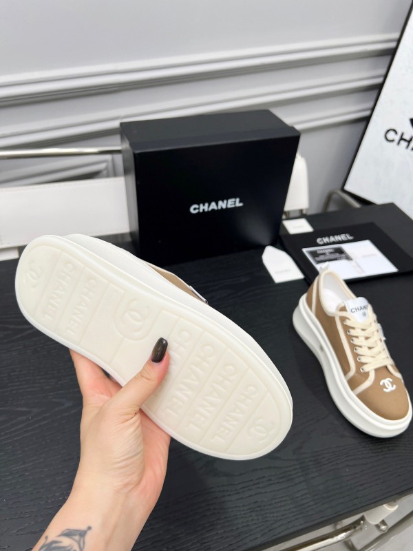 2025 Women Chanel Beige Canvas Leather Sneakers Collaboration LY00250