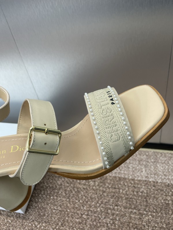 2025 Women Dior Beige Leather Sandals Ankle Strap KFY00320
