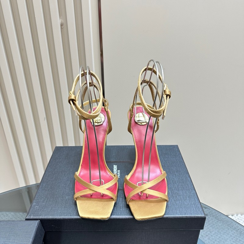 2025 Women Yves Saint Laurent Yellow Silk Strappy Heels