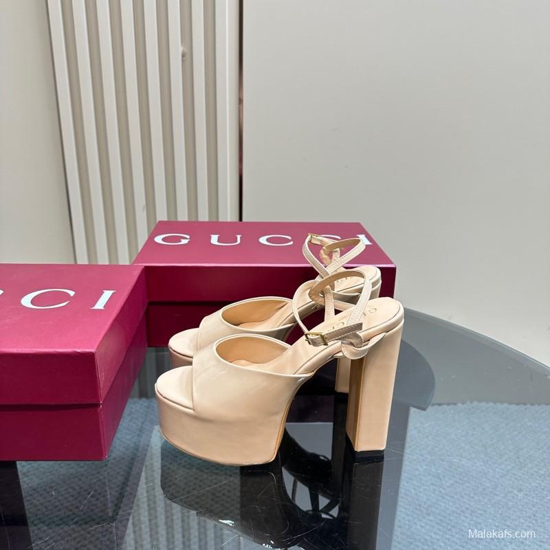 2025 Women Gucci Beige Leather Platform Sandals KFY00340