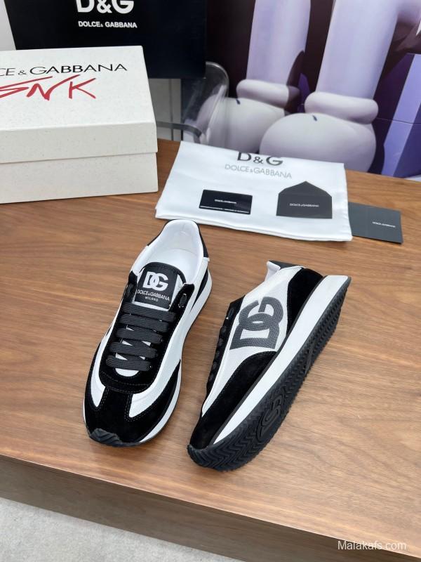 2025 Unisex Dolce & Gabbana Black White Mesh Suede Sneakers LY00300