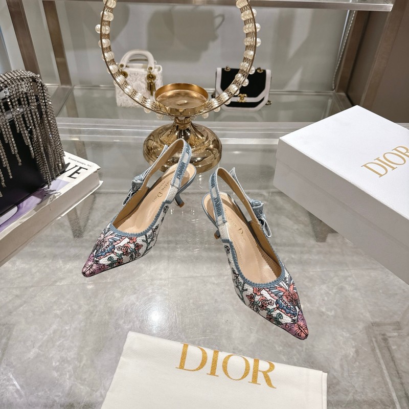2025 Women Dior Blue Pink Embroidered Fabric Slingback Heels