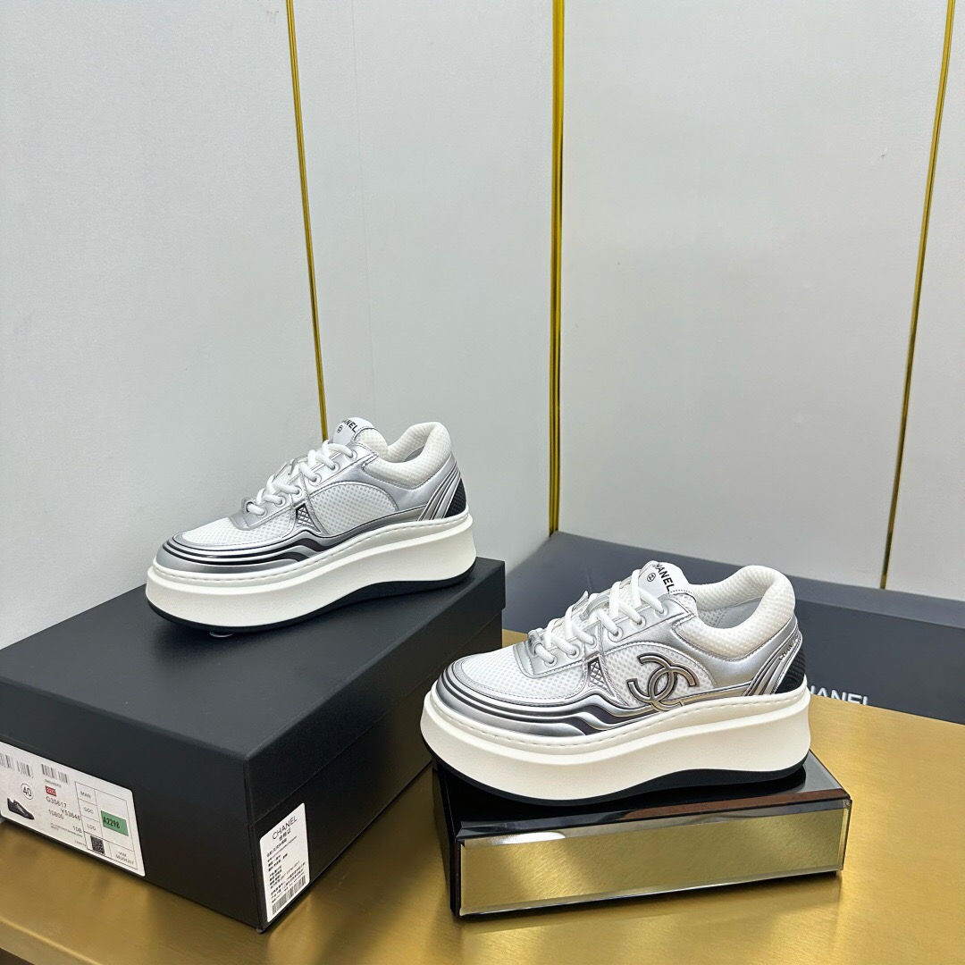 2025 Women Chanel White Silver Leather Mesh Sneakers