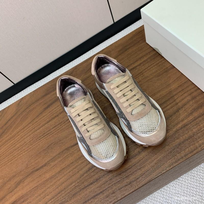 2025 Unisex Brunello Cucinelli Beige Black Mesh Suede Sneakers