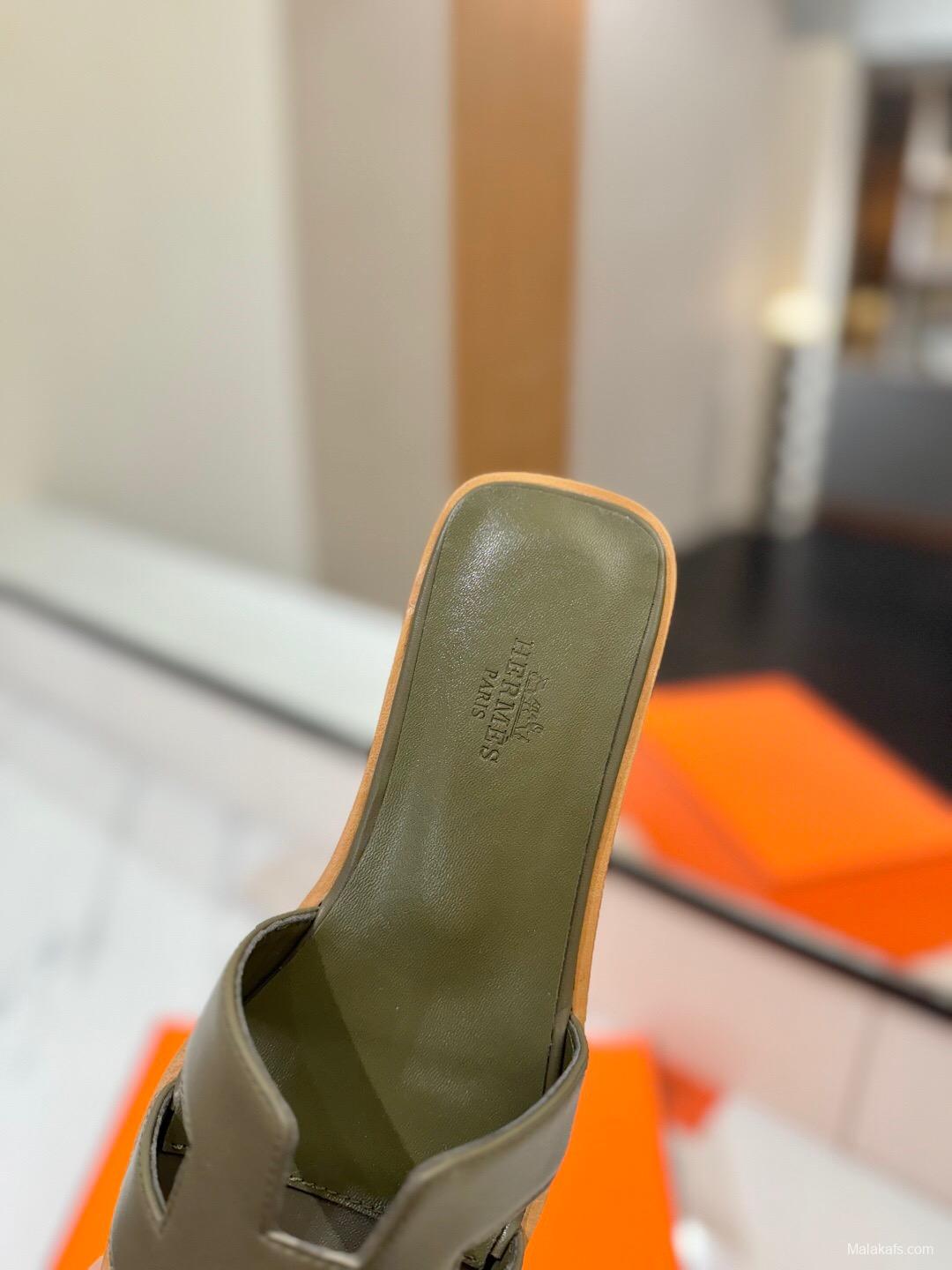 2025 Women Hermès Olive Leather Slippers
