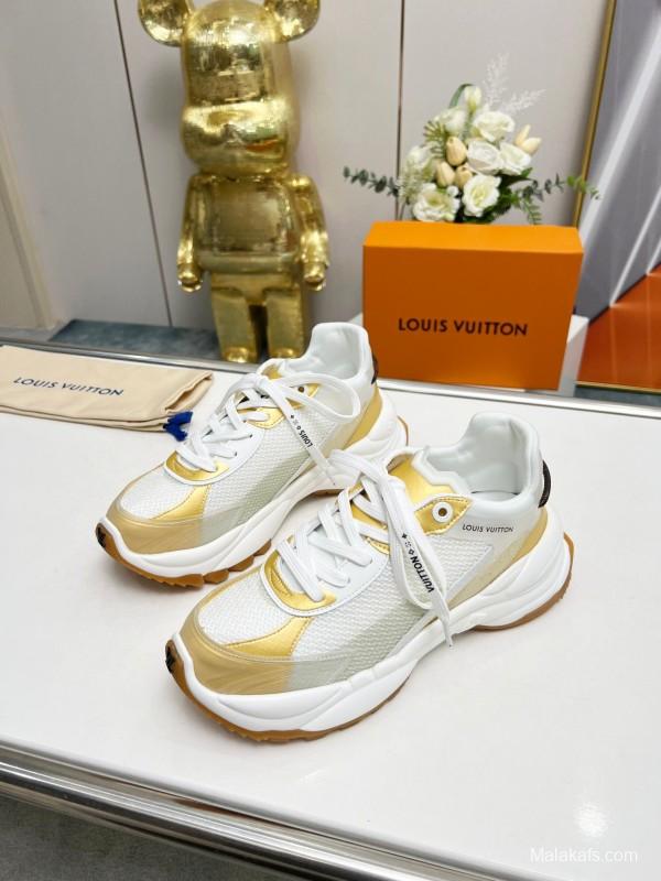 2025 Women Louis Vuitton White Gold Mesh Leather Sneakers LY00340
