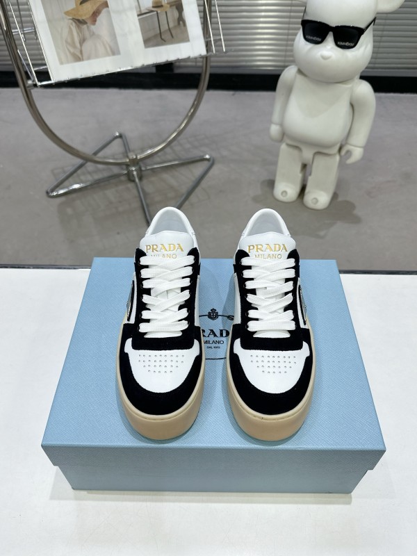 2025 Women Prada Black White Leather Suede Sneakers Downtown Bold KFY00310