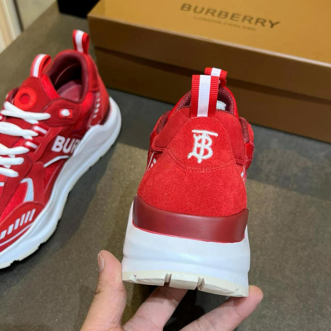 2025 Unisex Burberry Red Suede Leather Mesh Platform Sneakers MJ00380