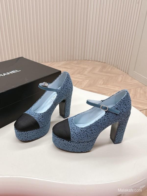 2025 Women Chanel Blue Black Tweed Leather Platform Pumps KFY00330
