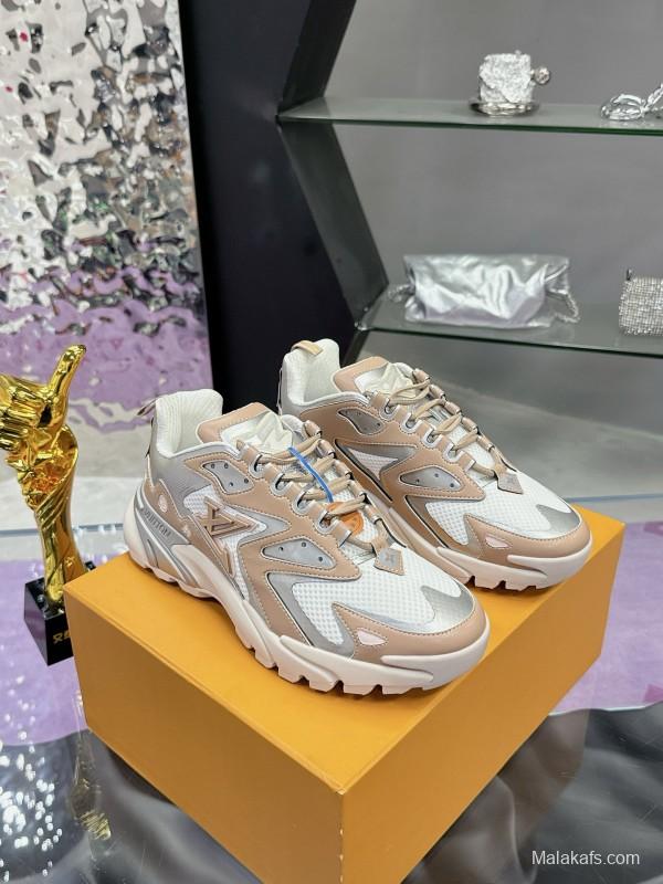 2025 Men Louis Vuitton Gradient Color Beige White Mesh Leather Sneakers MJ00420