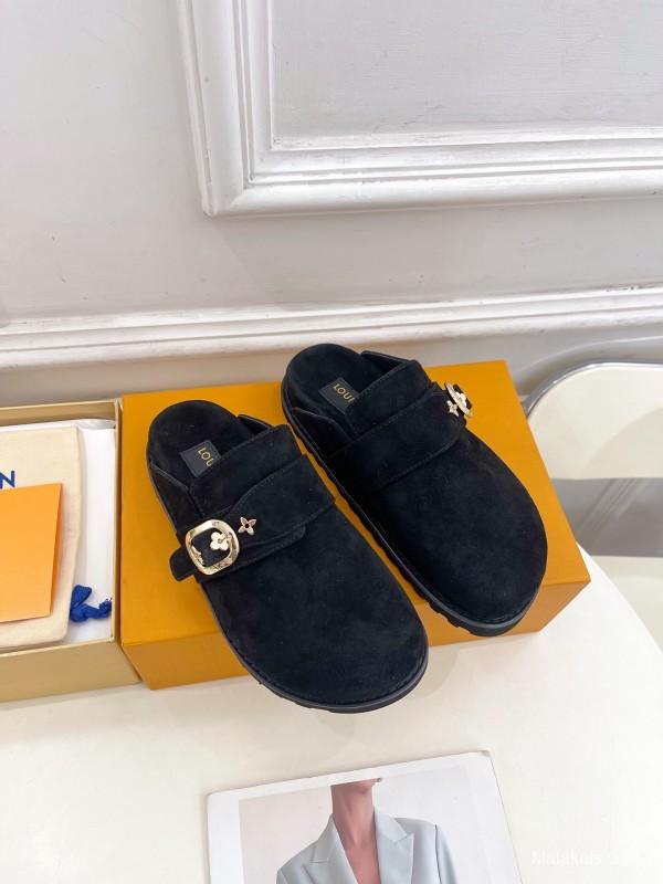 2025 Women Louis Vuitton Black Suede Mule Slip-On KFY00300