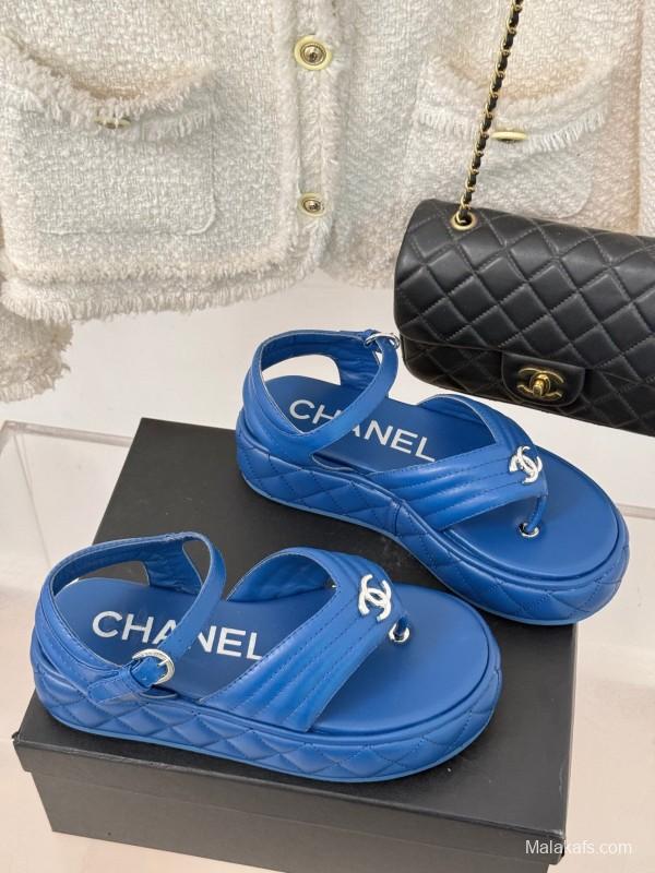 2025 Women Chanel Blue Leather Platform Sandals