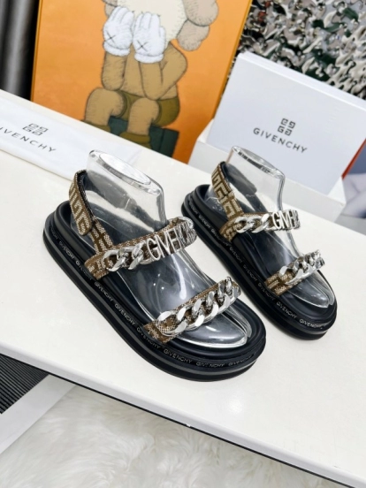 2025 Women GIVENCHY Brown Black Leather Chain Sandals LY00260