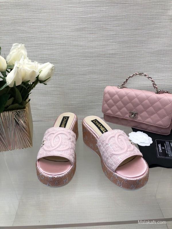 2025 Women Chanel Pink Tweed Platform Slippers LY00320