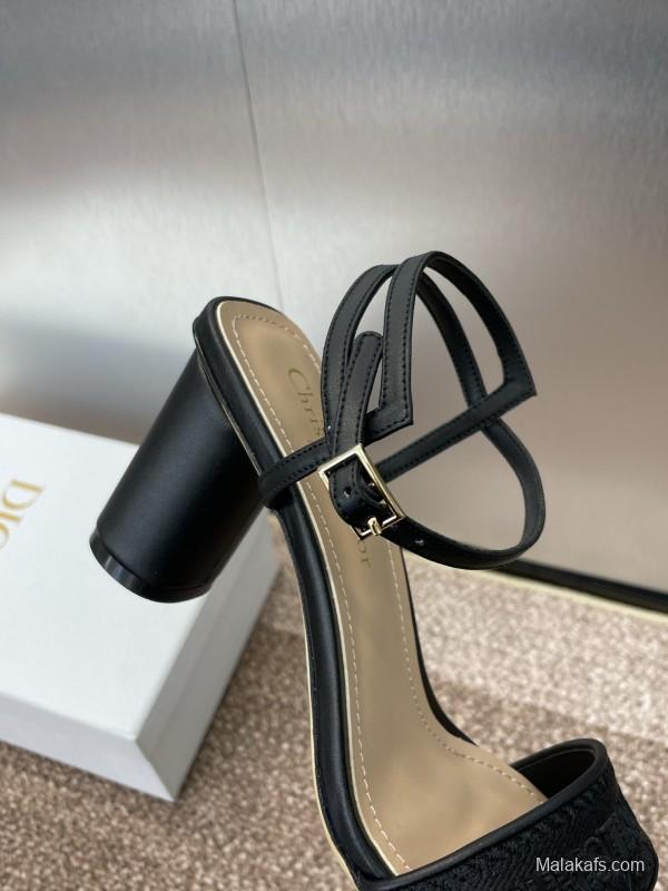 2025 Women Dior Black Leather Fabric Sandals
