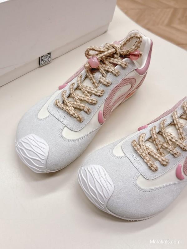 2025 Women Loewe Pink White Leather Balletrunner Ballet Sneakers KFY00300(F)