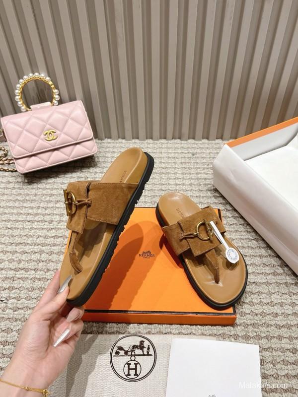 2025 Slippers Hermès Brown Suede Leather Casual LY00350