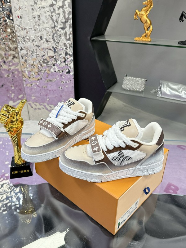 2024 Unisex Louis Vuitton White Brown Leather Mesh Plimsolls Waxed Vintage MJ00500