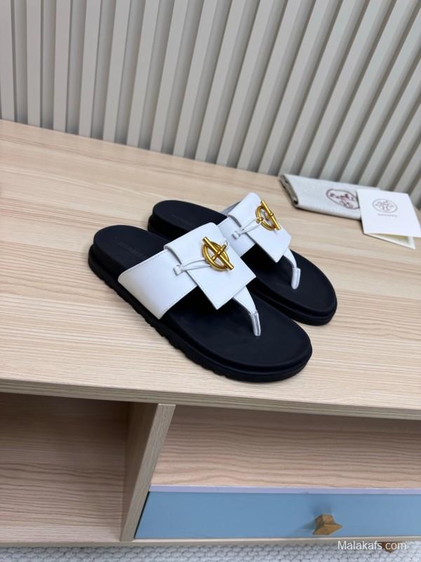 2025 Slippers Hermès White Black Leather Slippers