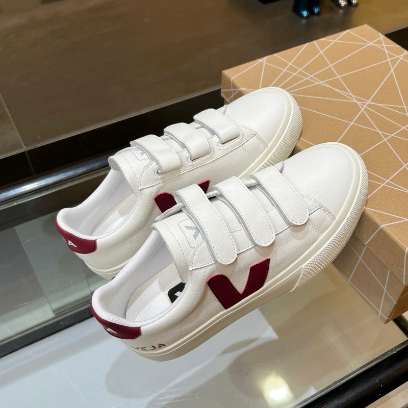 2025 Unisex VEJA White Burgundy Leather Canvas Sneakers MJ00240