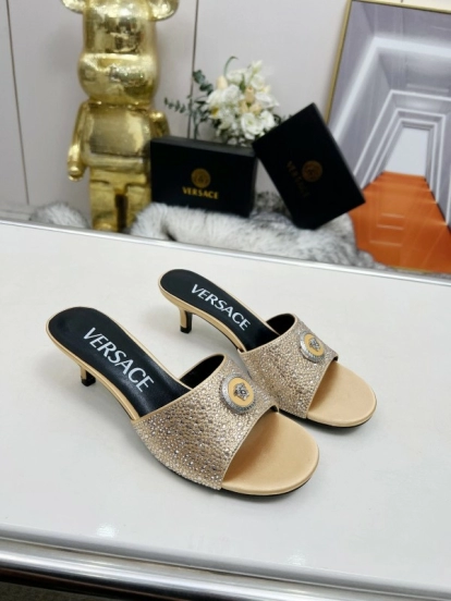 2025 Women VERSACE Gold Silk Rhinestone Heeled Sandals