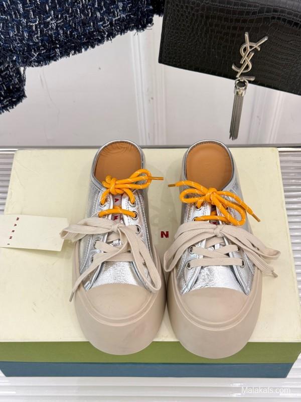 2025 Women Yves Saint Laurent Silver Leather Platform Sneakers With Orange And Beige Laces YSL123(F)