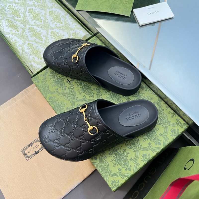 2024 Slippers Gucci Black Leather GG Pattern Horsebit MJ00280