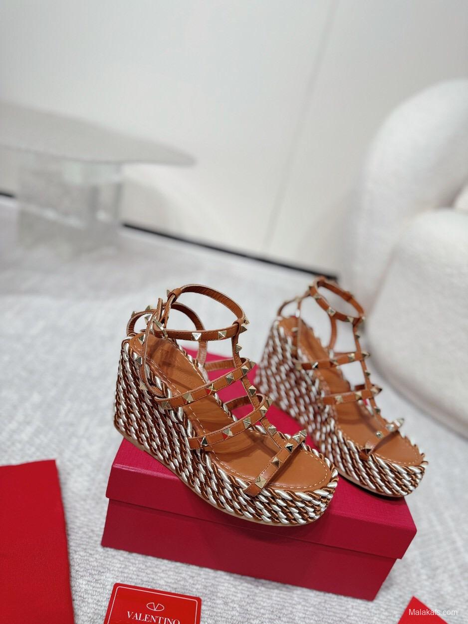 2025 Women Valentino Brown Leather Wedge Sandals Braided Cotton LY00290