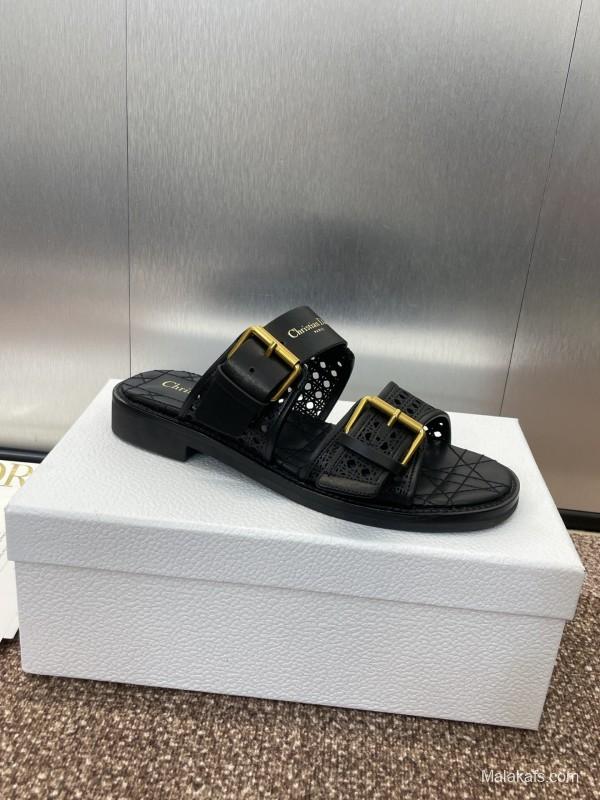 2025 Women Dior Black Leather Sandals Buckle LY00300