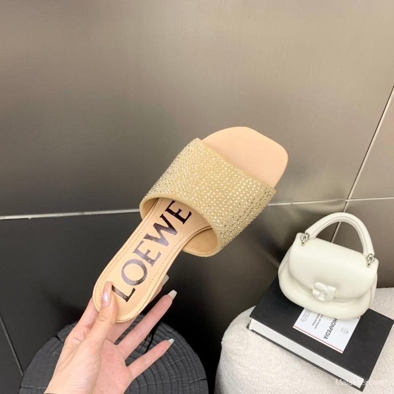 2025 Women Loewe Beige Rhinestone Leather Slippers LY00240