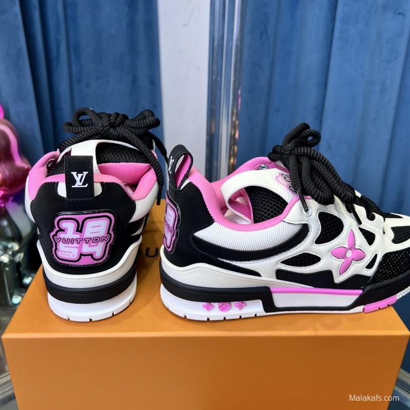 2025 Unisex Louis Vuitton White Black Pink Leather Mesh LV Trainer