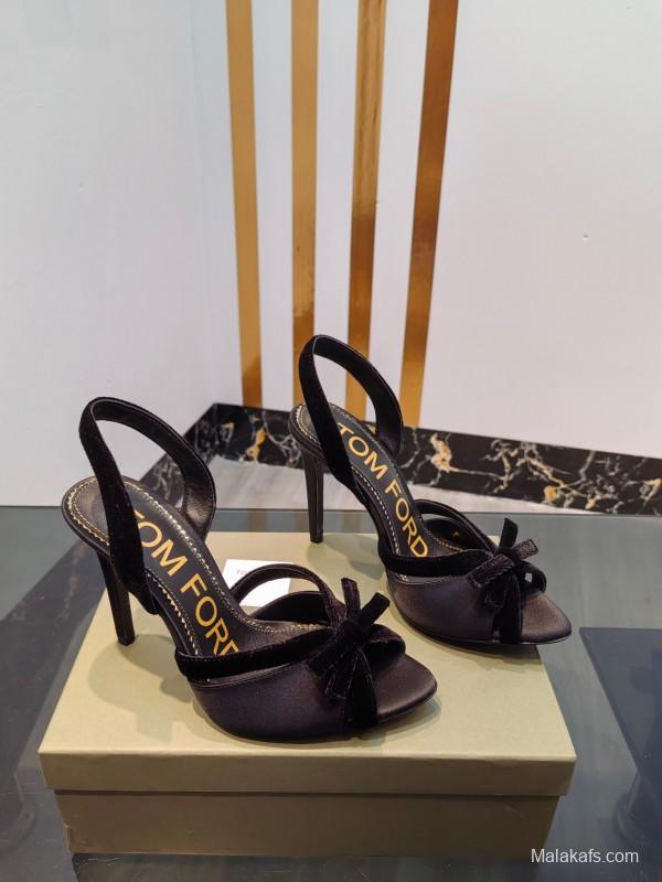 2025 Women TOM FORD Black Velvet High Heel Slingback Bow KFY00300