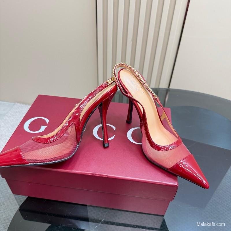 2025 Women Gucci Red Patent Leather Pointed Toe Slingback High Heel Pumps With Chain Detail KFY00300(F)