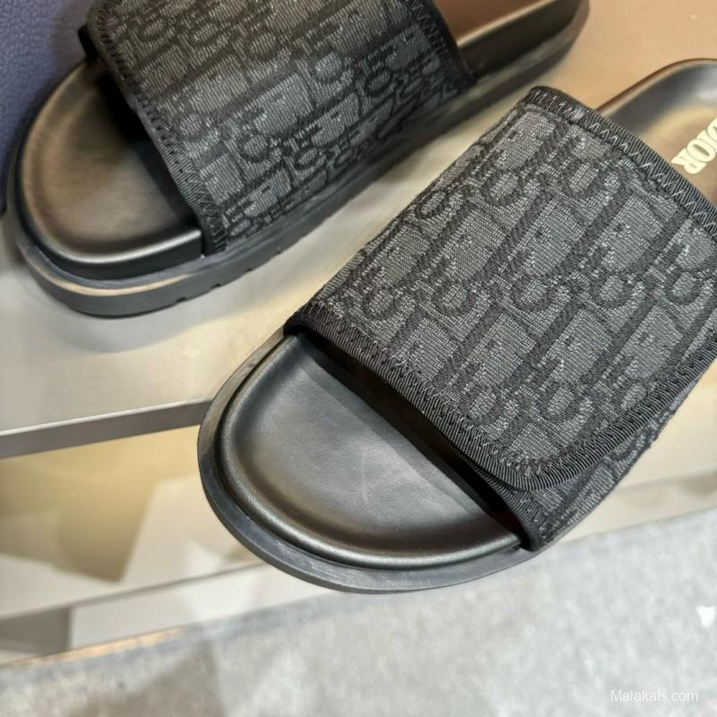 2024 Dior Black Fabric Leather Slippers MJ00180