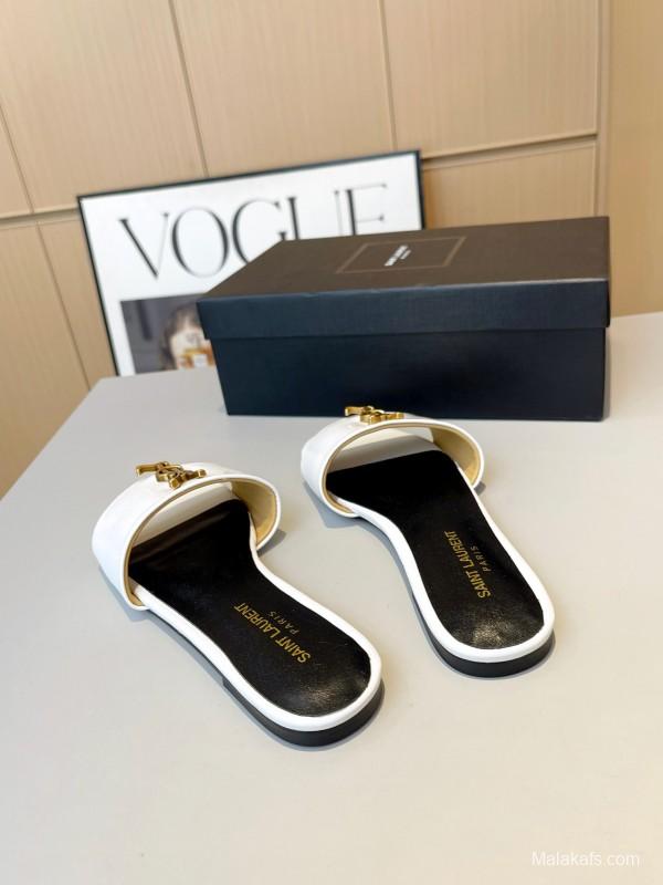 2025 Women Yves Saint Laurent White Leather Slippers LY00180