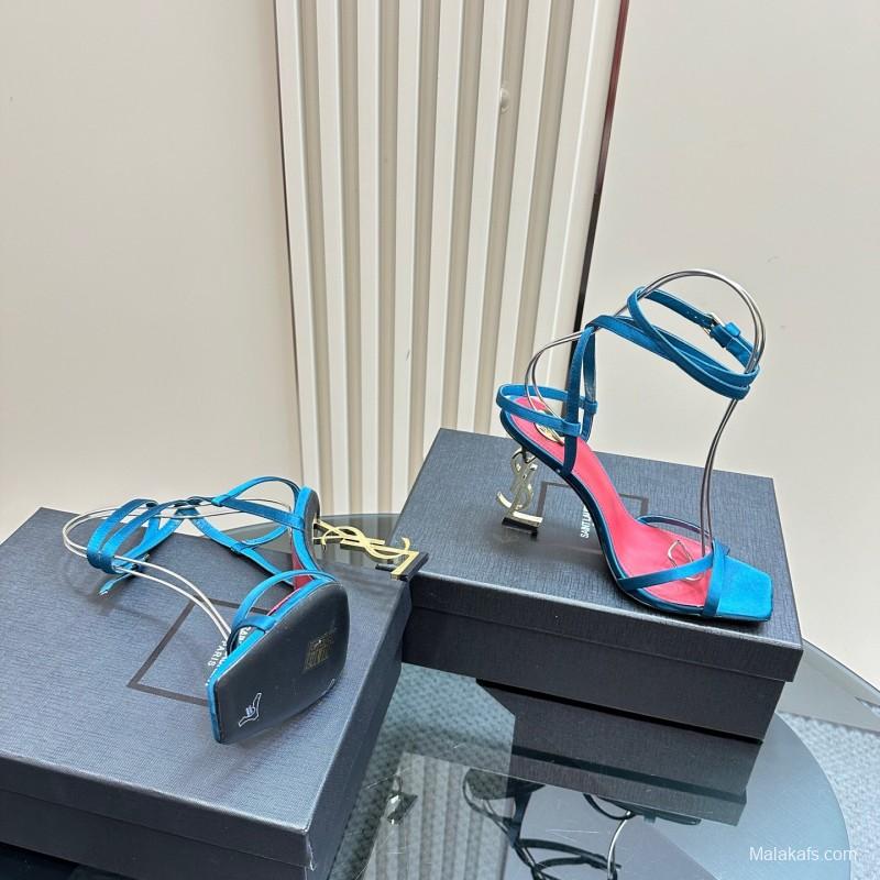 2025 Women Yves Saint Laurent Blue Silk High Heel Sandals KFY00290