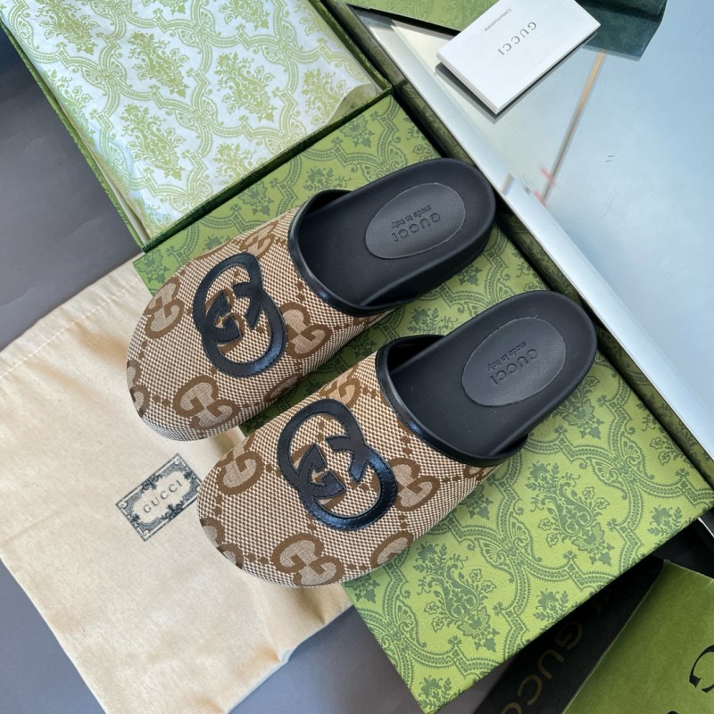 2024 Unisex Gucci Beige Brown Leather Slippers GG Pattern MJ00280