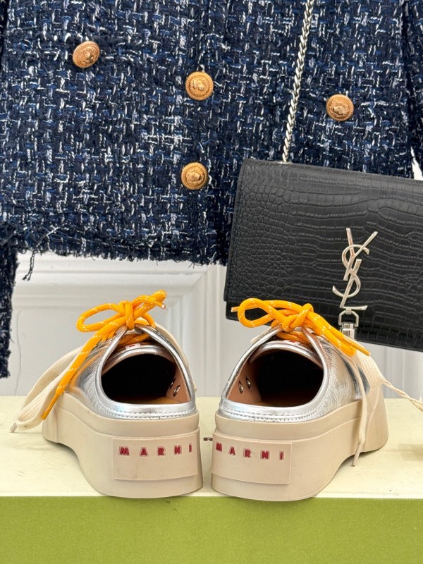 2025 Women Yves Saint Laurent Silver Leather Platform Sneakers With Orange And Beige Laces YSL123(F)
