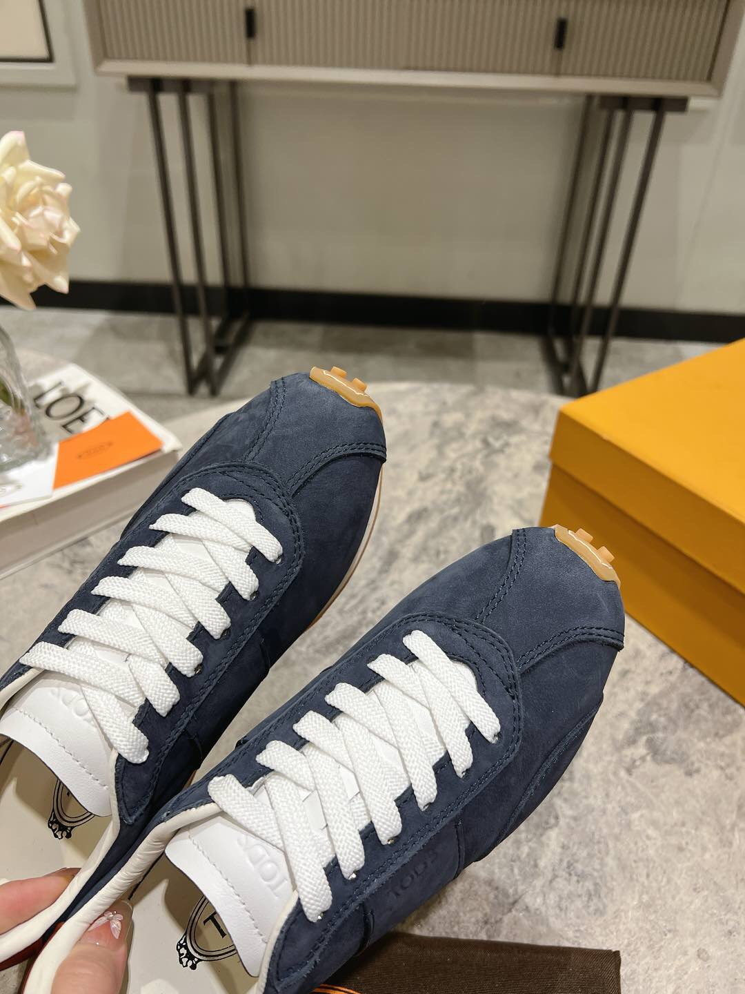 2025 Women TOD'S Navy Blue Brown Suede Leather Sneakers KFY00350
