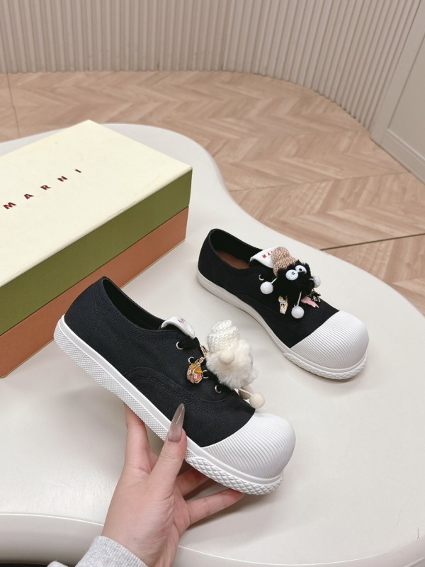 2025 Women Marni Black White Cotton Casual Lace-Up LY00250