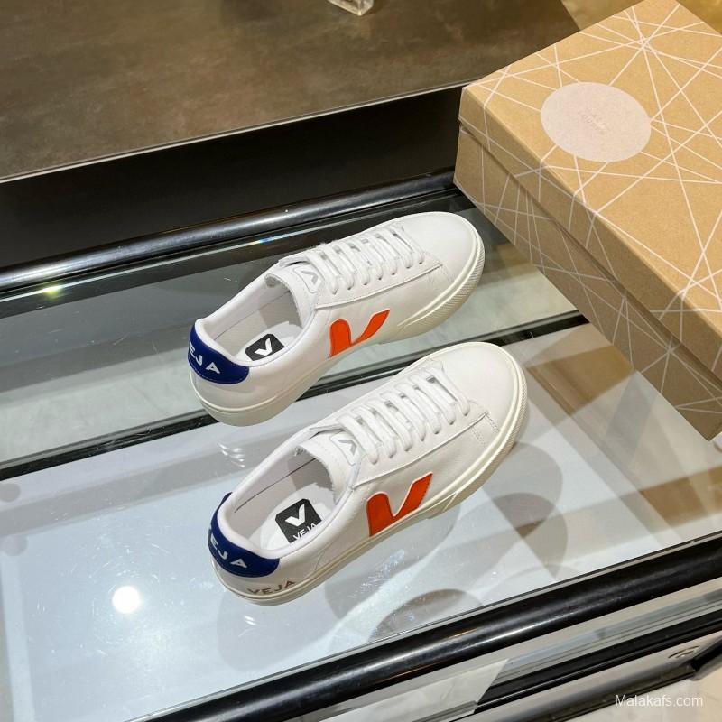 2025 Unisex VEJA White Orange Blue Leather Canvas Sneakers MJ00240
