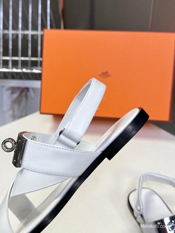 2025 Women Hermès White Calf Leather Sandals Metal Buckle KFY00300