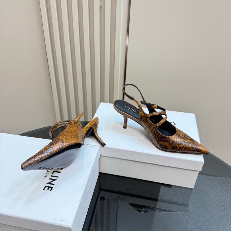 2025 Women Celine Brown Snake Leather Pointed Toe Slingback Heels