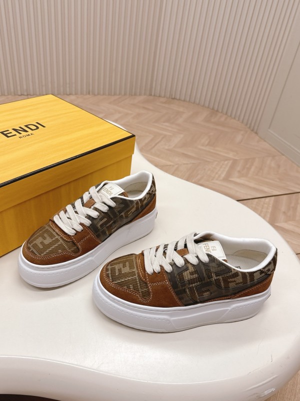 2025 Women Fendi Brown Leather Canvas Sneakers