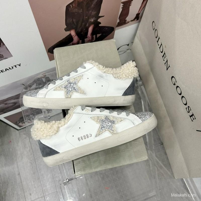 2025 Women GGDB White Gray Shearling Leather Sneakers
