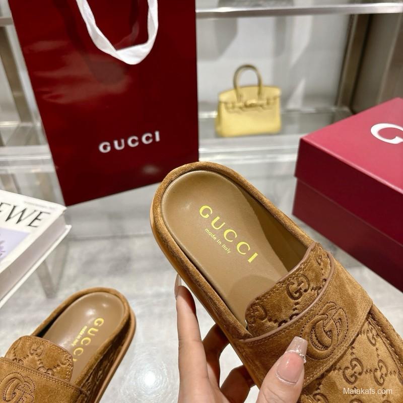 2025 Women Gucci Dark Brown Suede Loafers Embossed GG LY00270